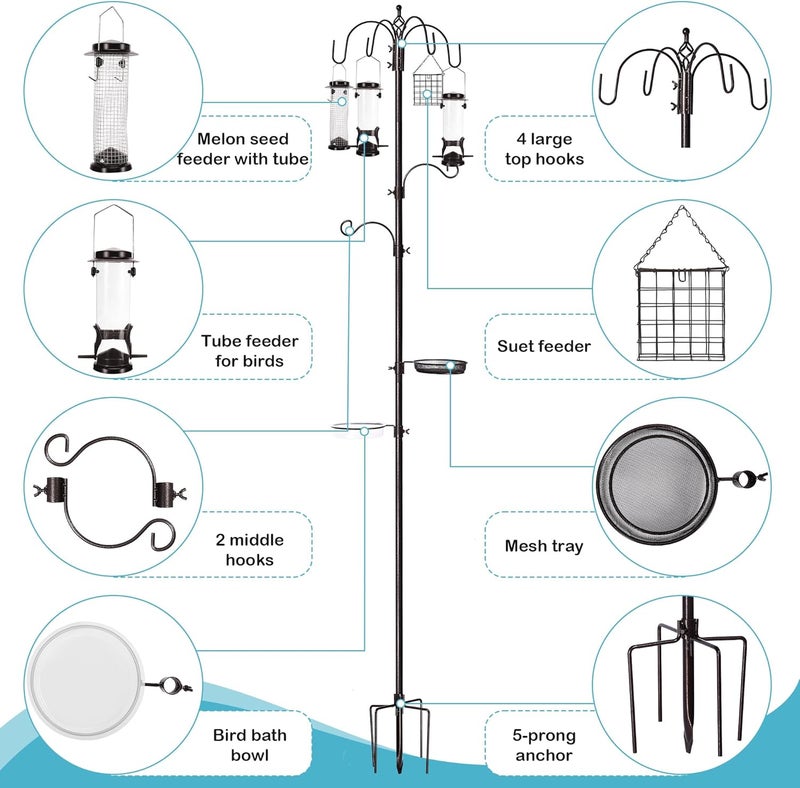 YINGYM 6-Hook Bird Feeding Station Kit, Wild Bird Feeder Stand Pole, Multi-Feeder Kit Stand with 4 Feeders, Bird Bath and Mesh Tray, 94 Inch - Image 3